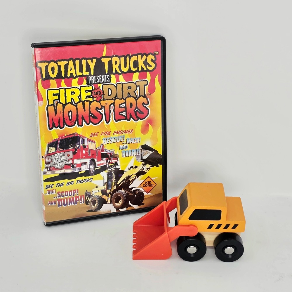 Totally Trucks Fire and Dirt Monsters DVD 2-Disc Set + Wooden Toy Loader Lot